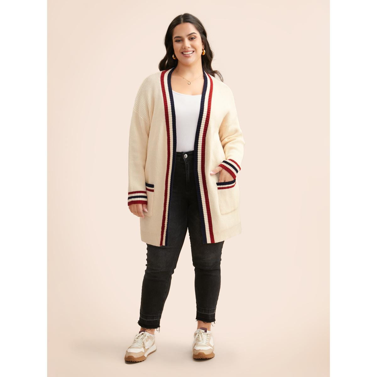 Plus Size Supersoft Essentials Contrast Striped Drop Shoulder Cardigan Beige Women Leisure Loose Long Sleeve Casual Cardigans BloomChic 22-24/3X Product Image
