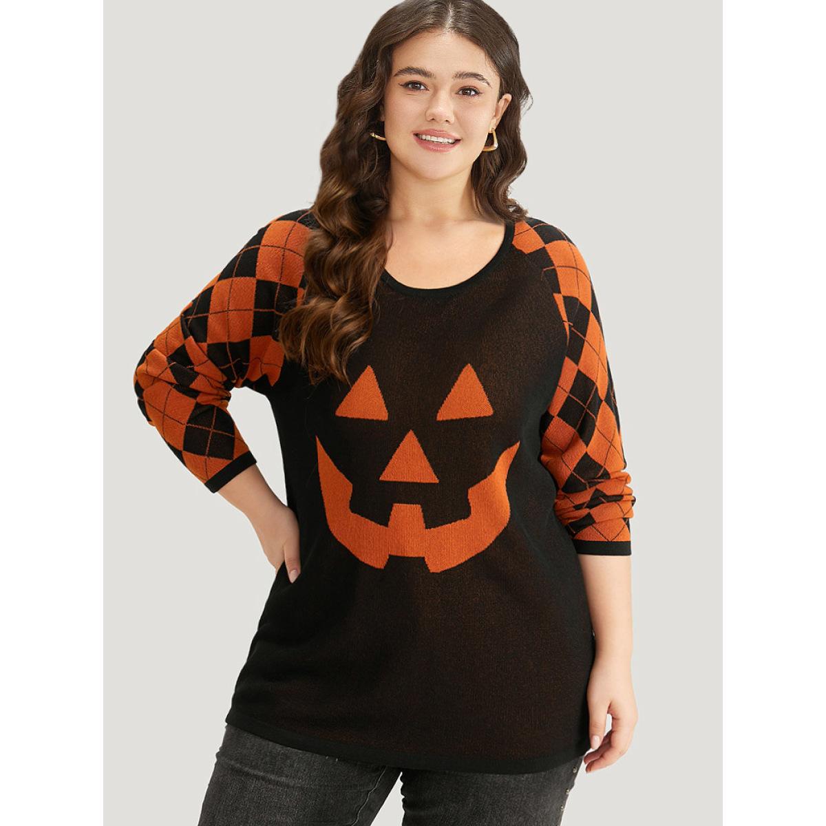 Plus Size Halloween Print Contrast Round Neck Pullover Black Women Casual Loose Long Sleeve Round Neck Festival-Halloween Pullovers BloomChic 10/M Product Image