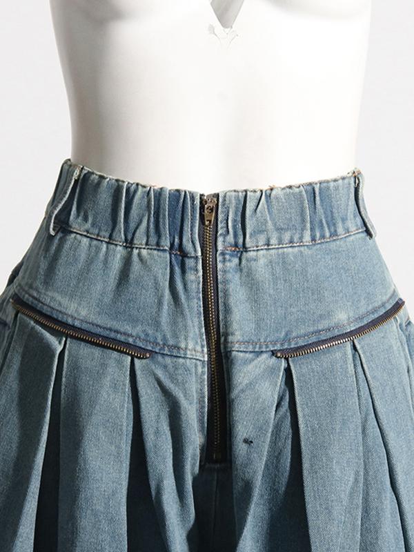 Loose Wide Leg Pleated Pockets Split-Joint Zipper Jean Pants Bottoms Product Image