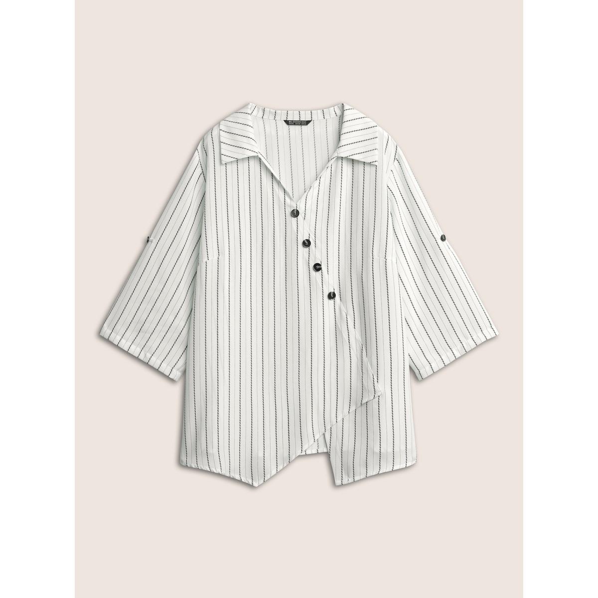 Plus Size White Striped Button Detail Asymmetrical Hem Blouse Women At the Office Elbow-length sleeve Shirt collar Work Blouses BloomChic 14-16/1X Product Image
