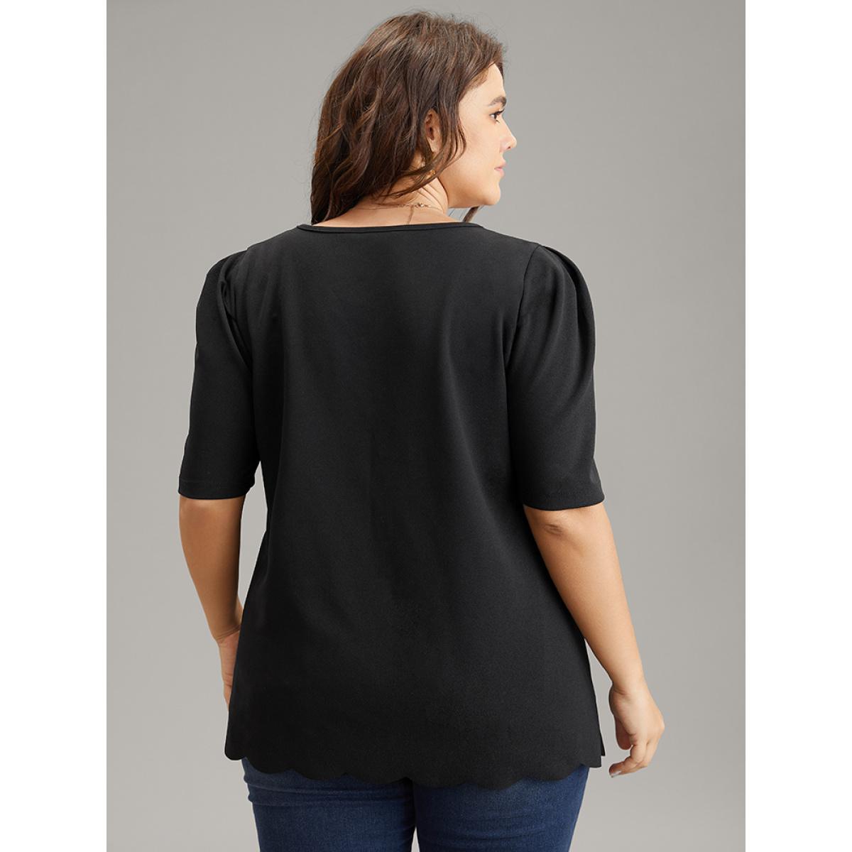 Plus Size Black Plain Puff Sleeve Scalloped Trim Blouse Women Work From Home Half Sleeve V-neck Work Blouses BloomChic 10/M Product Image