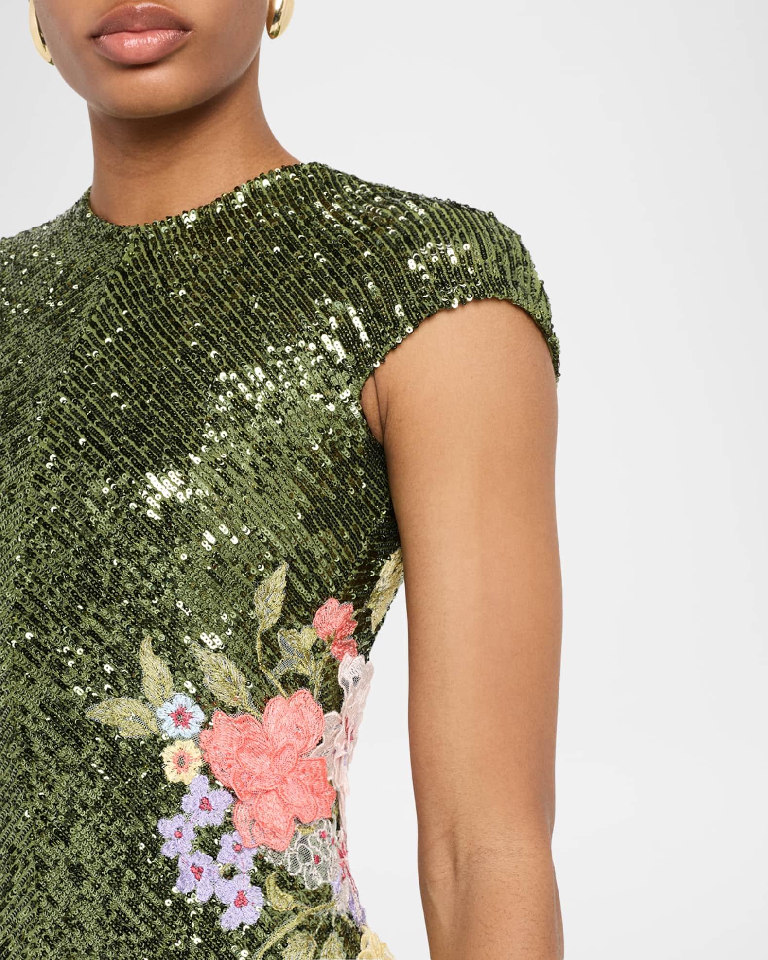 Floral Embroidered Stretch Sequin Cap-Sleeve Midi Dress Product Image