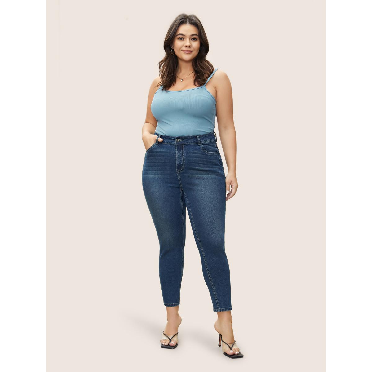 Plus Size Plain Pocket Embroidered Skinny Jeans Women Indigo Casual Plain Non High stretch Slanted pocket Jeans BloomChic 30/6X Product Image