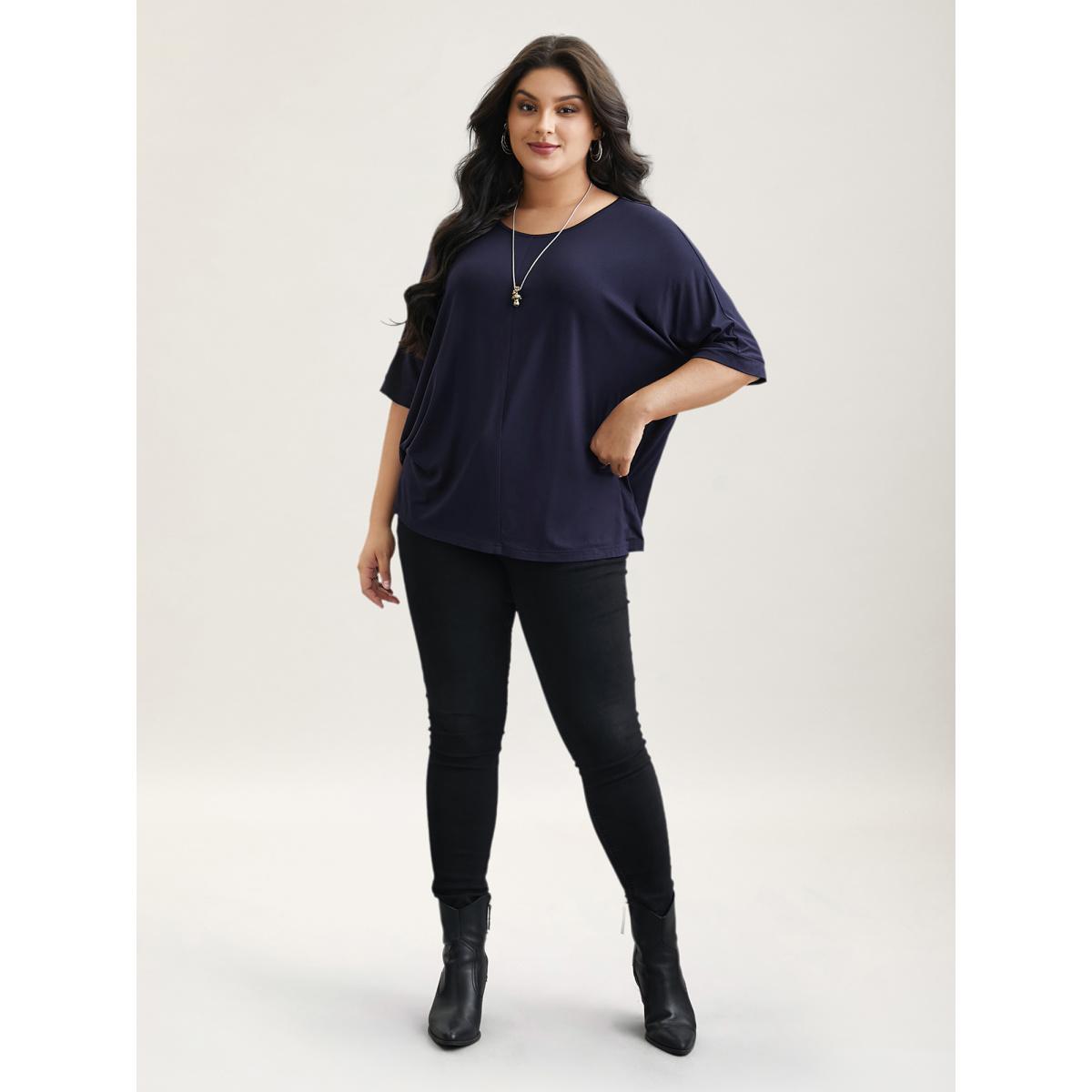 Plus Size Supersoft Round Neck Plain T-Shirt Midnight Women Leisure Non Round Neck Casual T-shirts BloomChic 28/5X Product Image