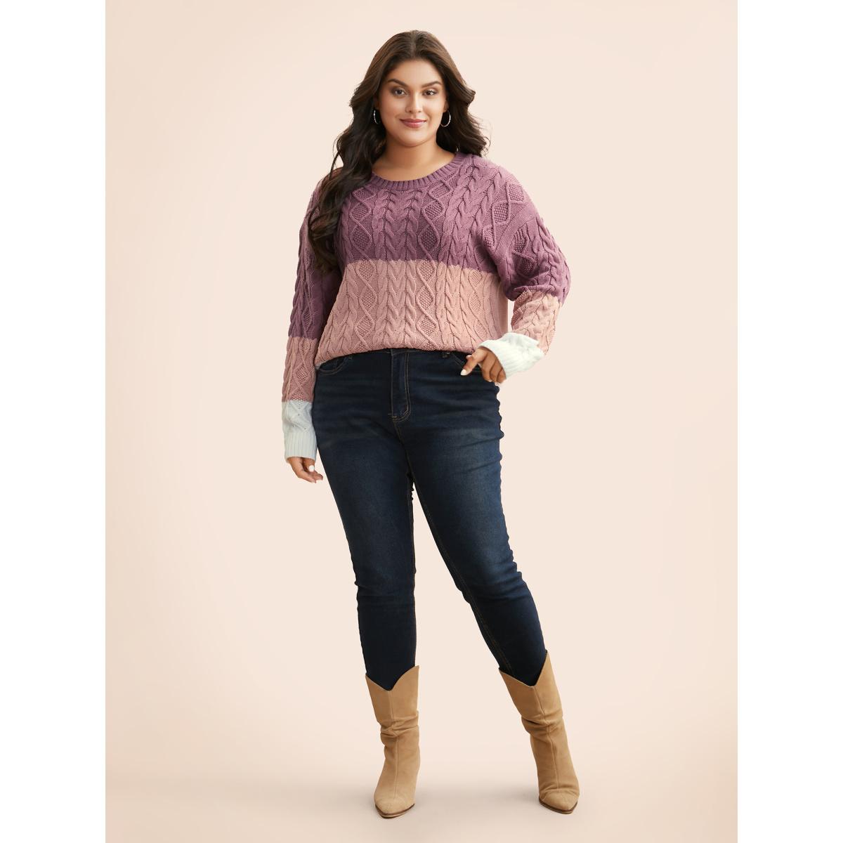 Plus Size Contrast Cable Knit Arc Hem Pullover Lilac Women Casual Loose Long Sleeve Round Neck Everyday Pullovers BloomChic 28/5X Product Image