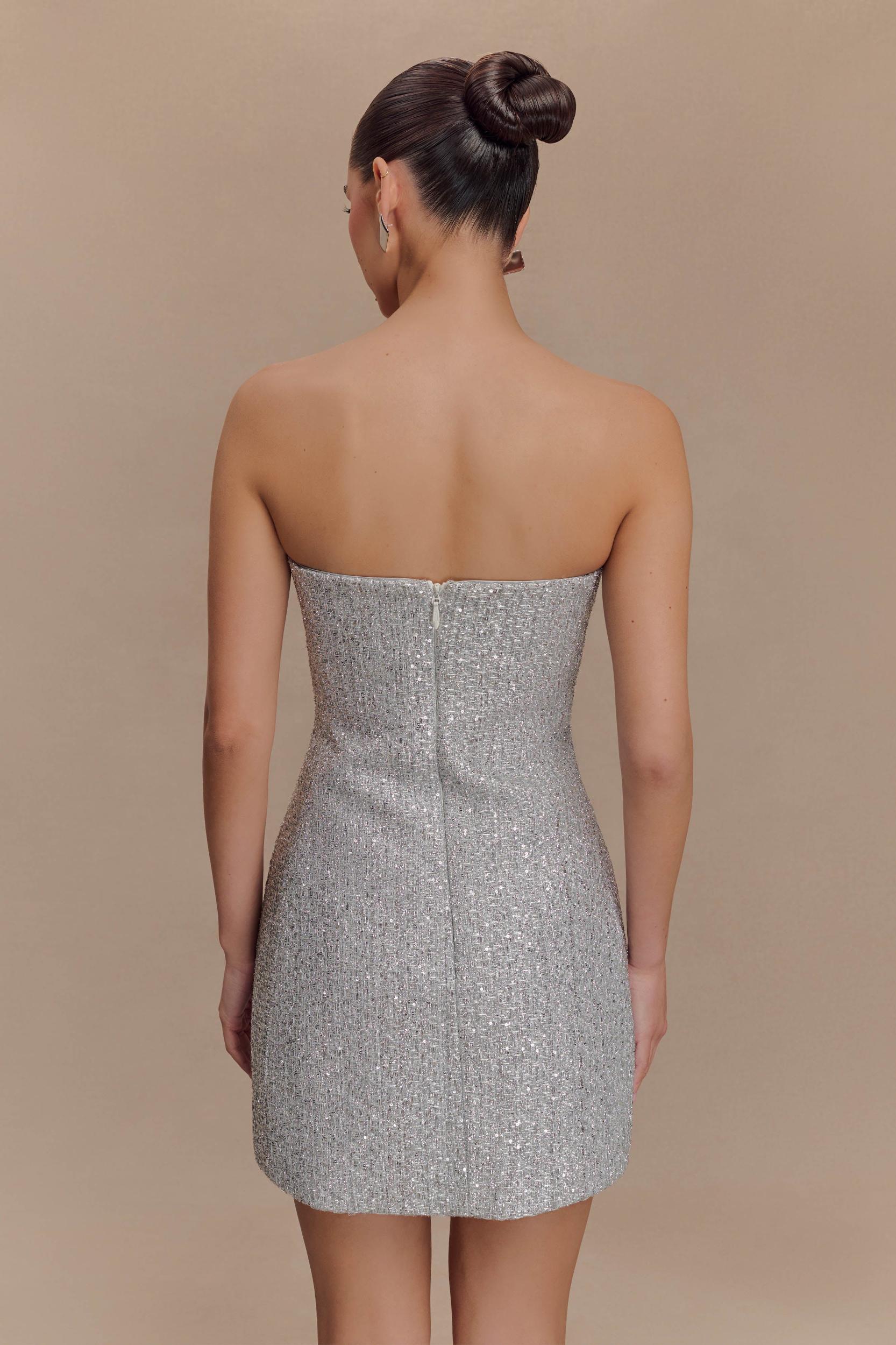 Gala Strapless Tweed Mini Dress - Silver Product Image