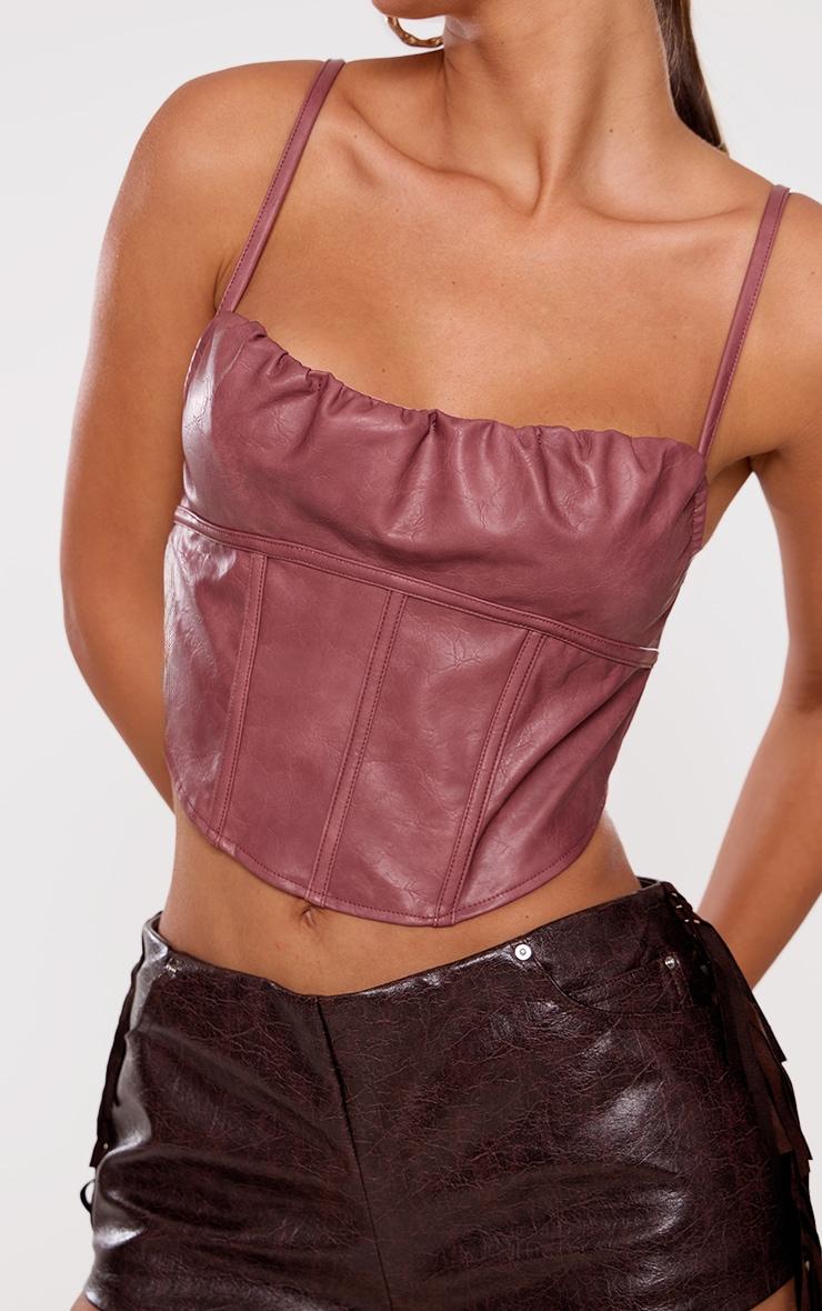 Mauve Faux Leather Ruched Bust Boned Dip Hem Corset Product Image