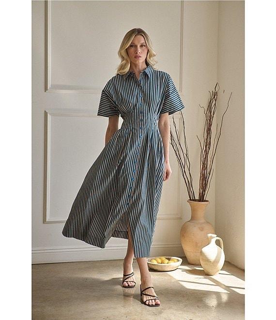 Sugarlips Striped Point Collar Dolman Sleeves Pleated Smocked Button Front Cotton Poplin Dress Product Image