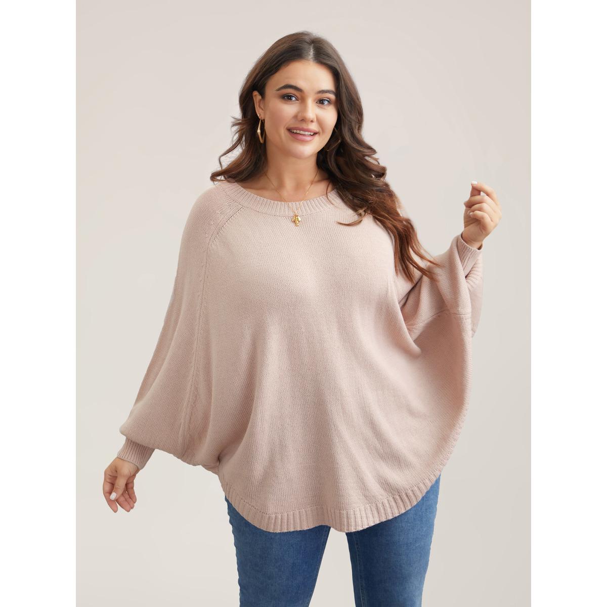 Plus Size Bat Sleeve Curved Hem Pullover MistyRose Women Casual Loose Long Sleeve Round Neck Everyday Pullovers BloomChic 12/L Product Image