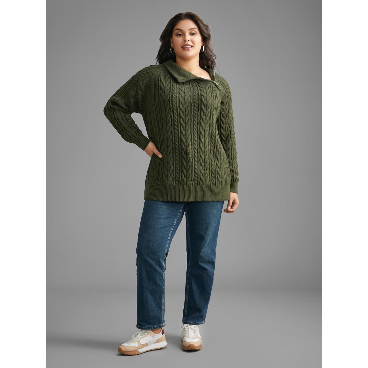 Plus Size Asymmetrical Neck Cable Knit Zipper Pullover ArmyGreen Women Leisure Loose Long Sleeve Asymmetrical Neck Casual Pullovers BloomChic 22-24/3X Product Image