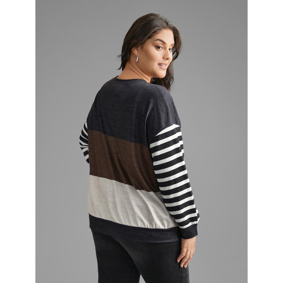 Plus Size Round Neck Striped Patchwork Contrast Sweatshirt Women Multicolor Casual Contrast Loose Round Neck Everyday Sweatshirts BloomChic 18-20/2X Product Image