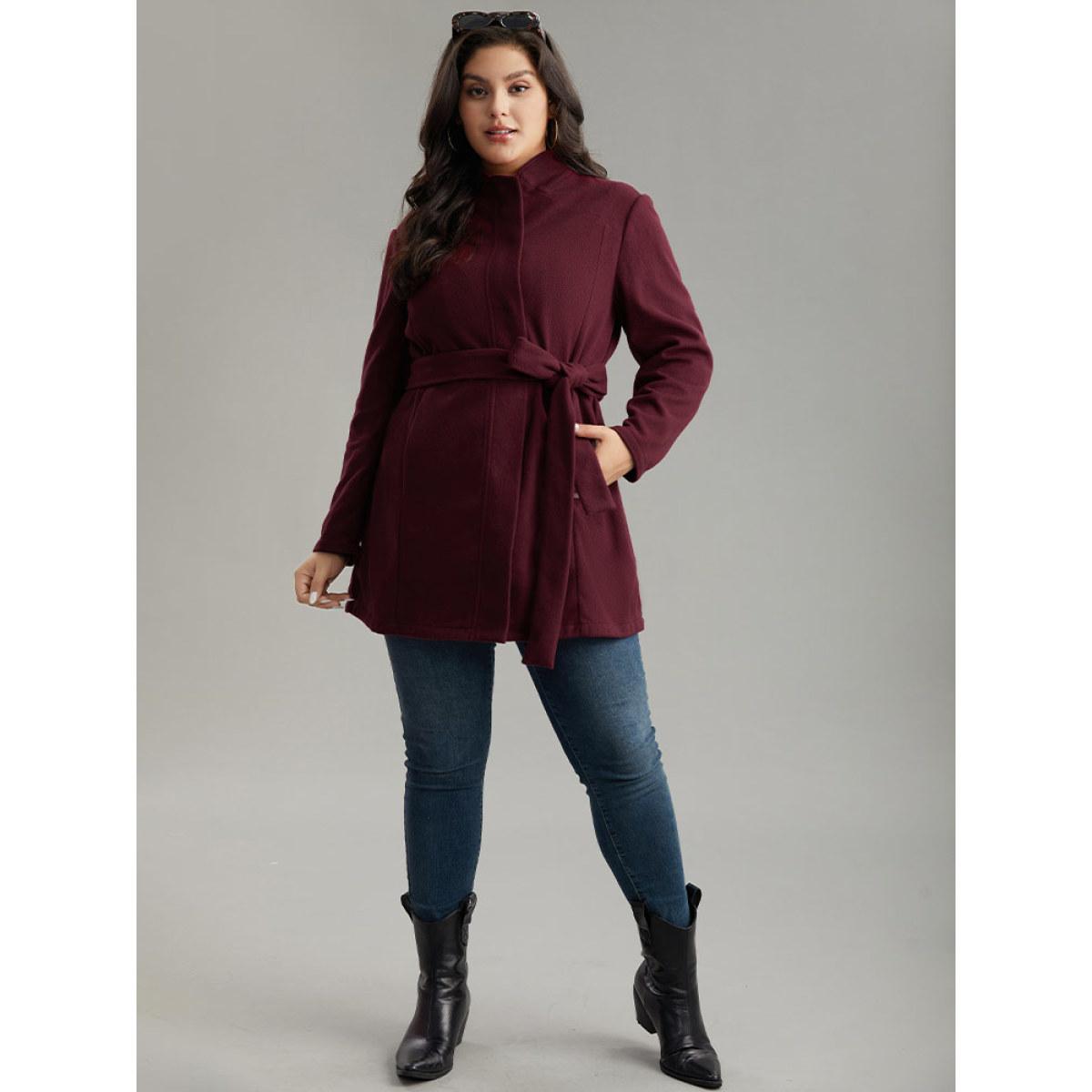 Plus Size Solid Button Fly Stand Collar Belted Pocket Coat Women Burgundy Casual Plain Ladies Everyday Winter Coats BloomChic 26/4X Product Image