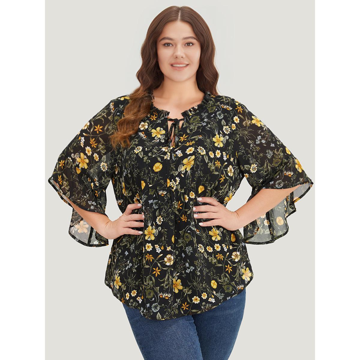 Plus Size Black Floral Tie Neck Frill Trim Bell Sleeve Blouse Women Elegant Half Sleeve Tie Neck Dailywear Blouses BloomChic 18-20/2X Product Image