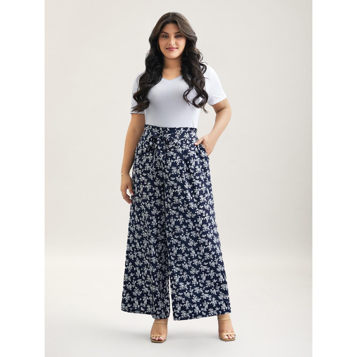 Plus Size Floral Print Waist Stretchy Wide Leg Pants Women Indigo Leisure Wide Leg Mid Rise Casual Pants BloomChic 10/M Product Image