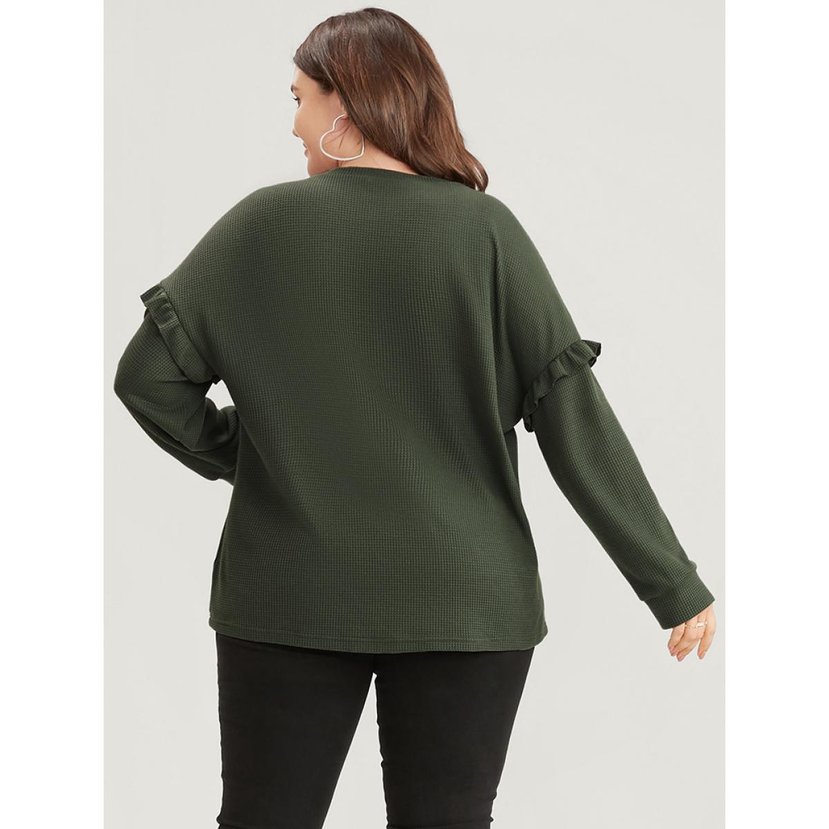 Plus Size Solid V Neck Ruffles Trim Long Tee Sage Women Elegant Ruffles Plain V-neck Dailywear T-shirts BloomChic 22-24/3X Product Image