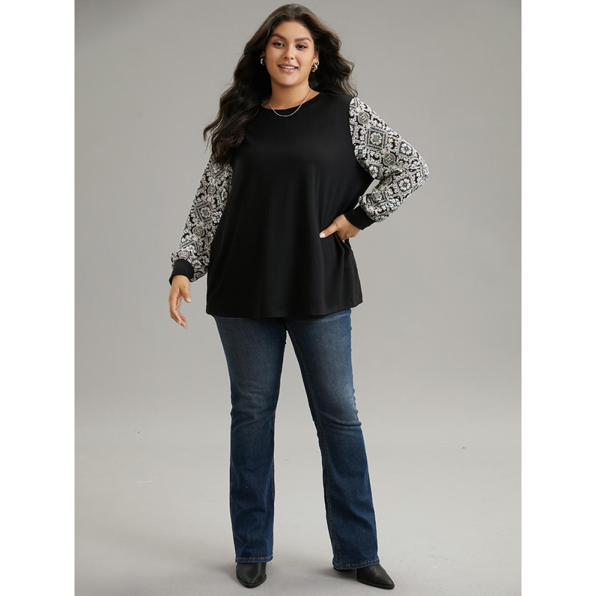 Plus Size Boho Print Patchwork Crew Neck T-shirt Black Women Elegant Printed Bohemian Print Round Neck Dailywear T-shirts BloomChic 28/5X Product Image