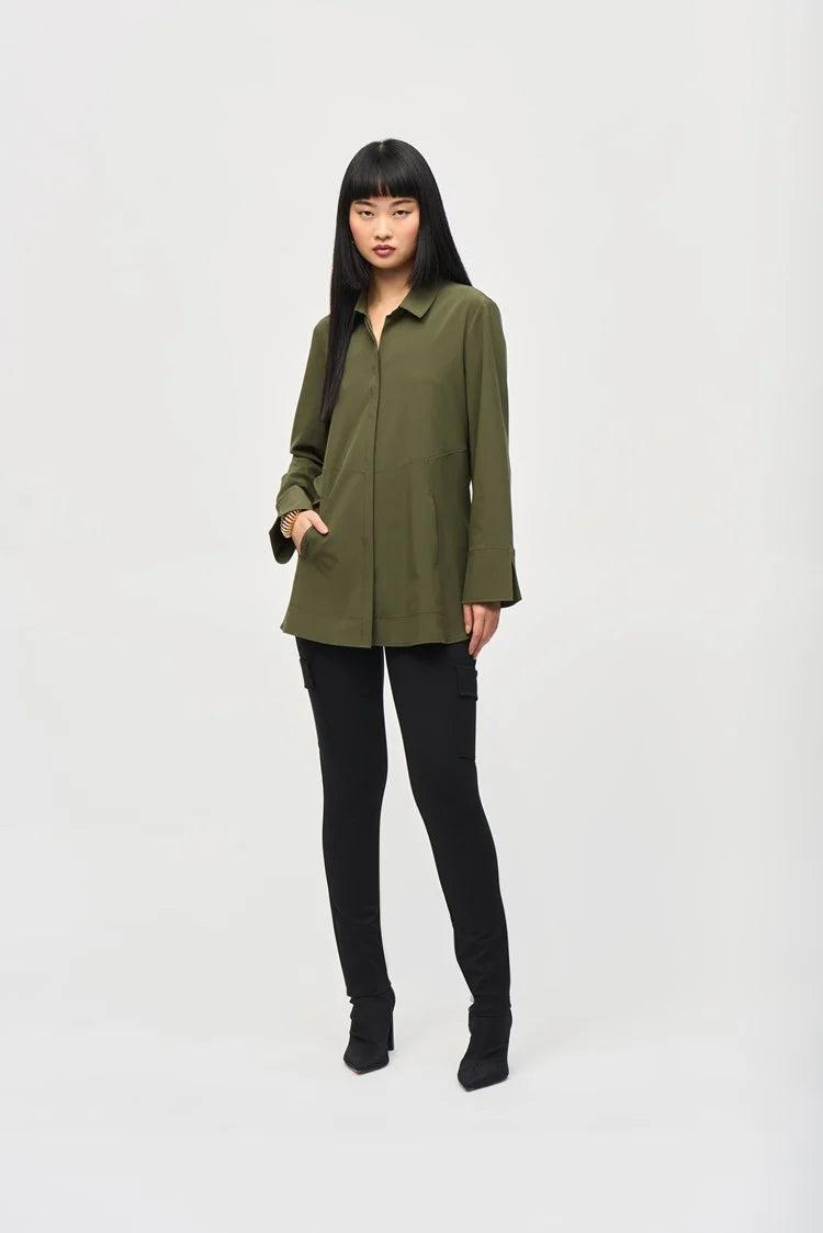 Woven Button-Down Blouse With Pockets - Iguana Product Image