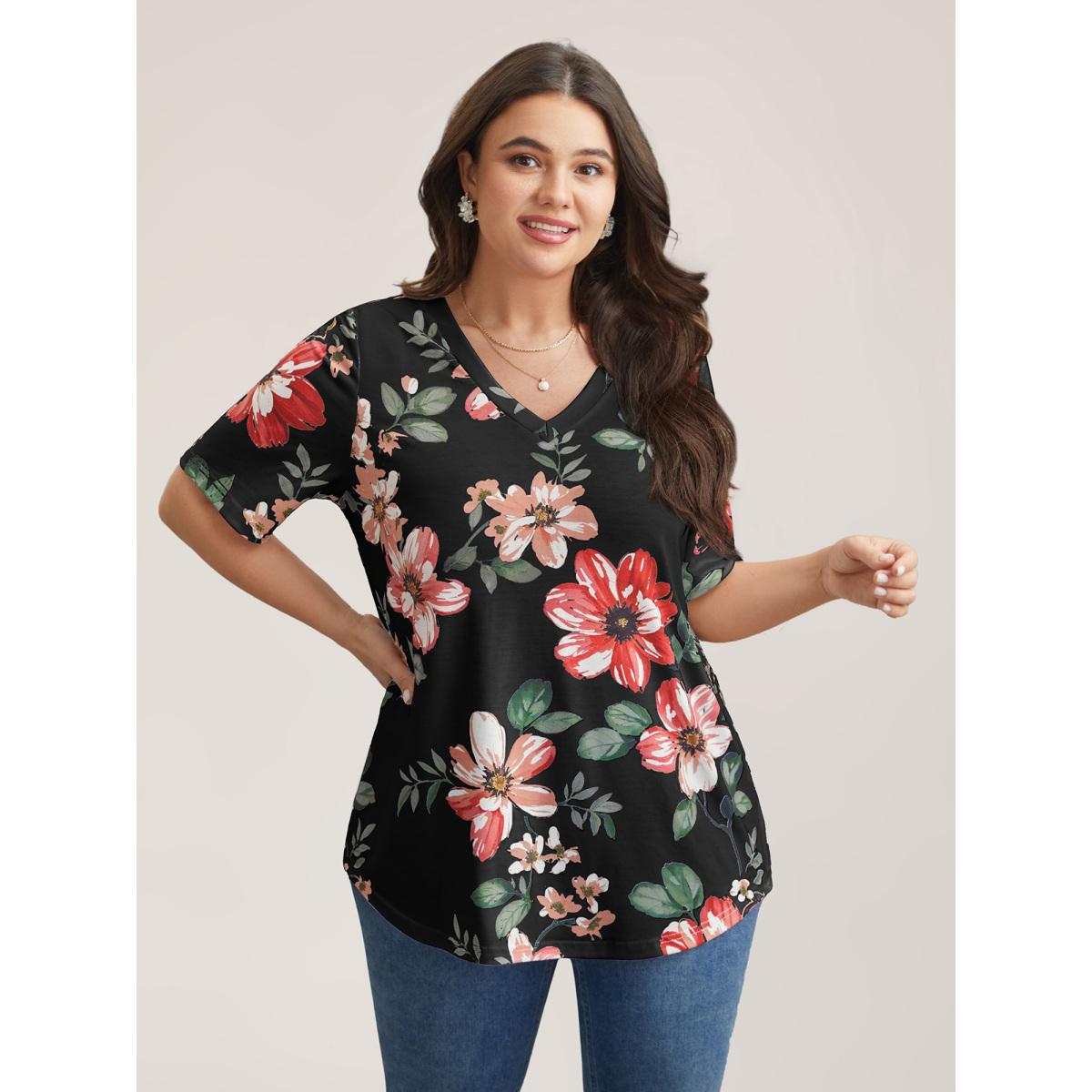 Plus Size Multi-Color Floral Print V-Neck T-Shirt Indigo Women Timeless Non Natural Flowers V-neck Elegant T-shirts BloomChic 12/L Product Image