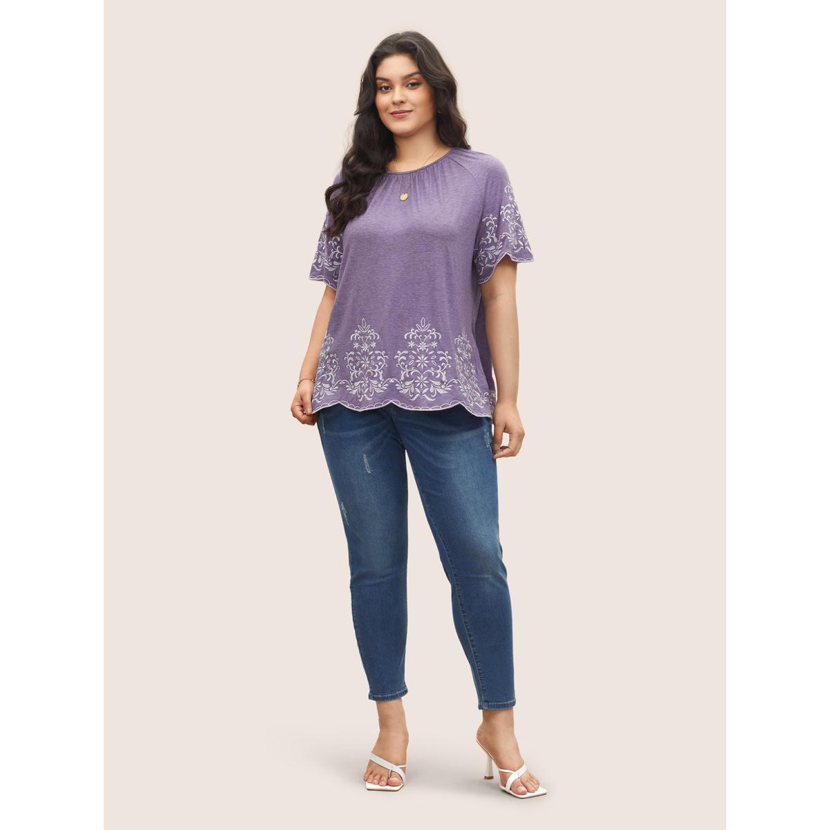 Plus Size Embroidered Scalloped Trim Gathered T-shirt BlueViolet Women Elegant Embroidered Round Neck Everyday T-shirts BloomChic 26/4X Product Image