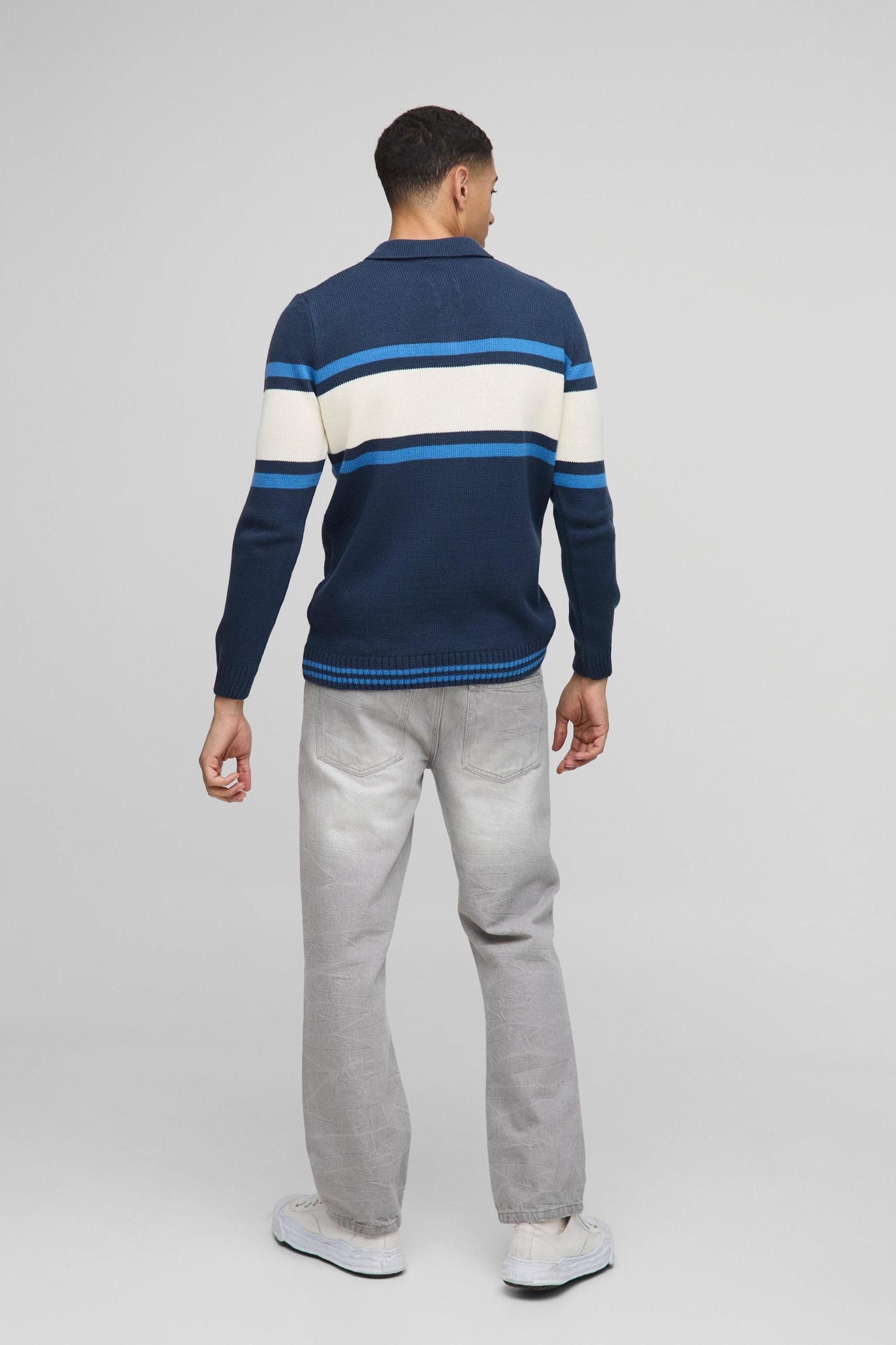 Regular Fit Long Sleeve Colour Block Panel Knitted Polo | boohooMAN USA Product Image