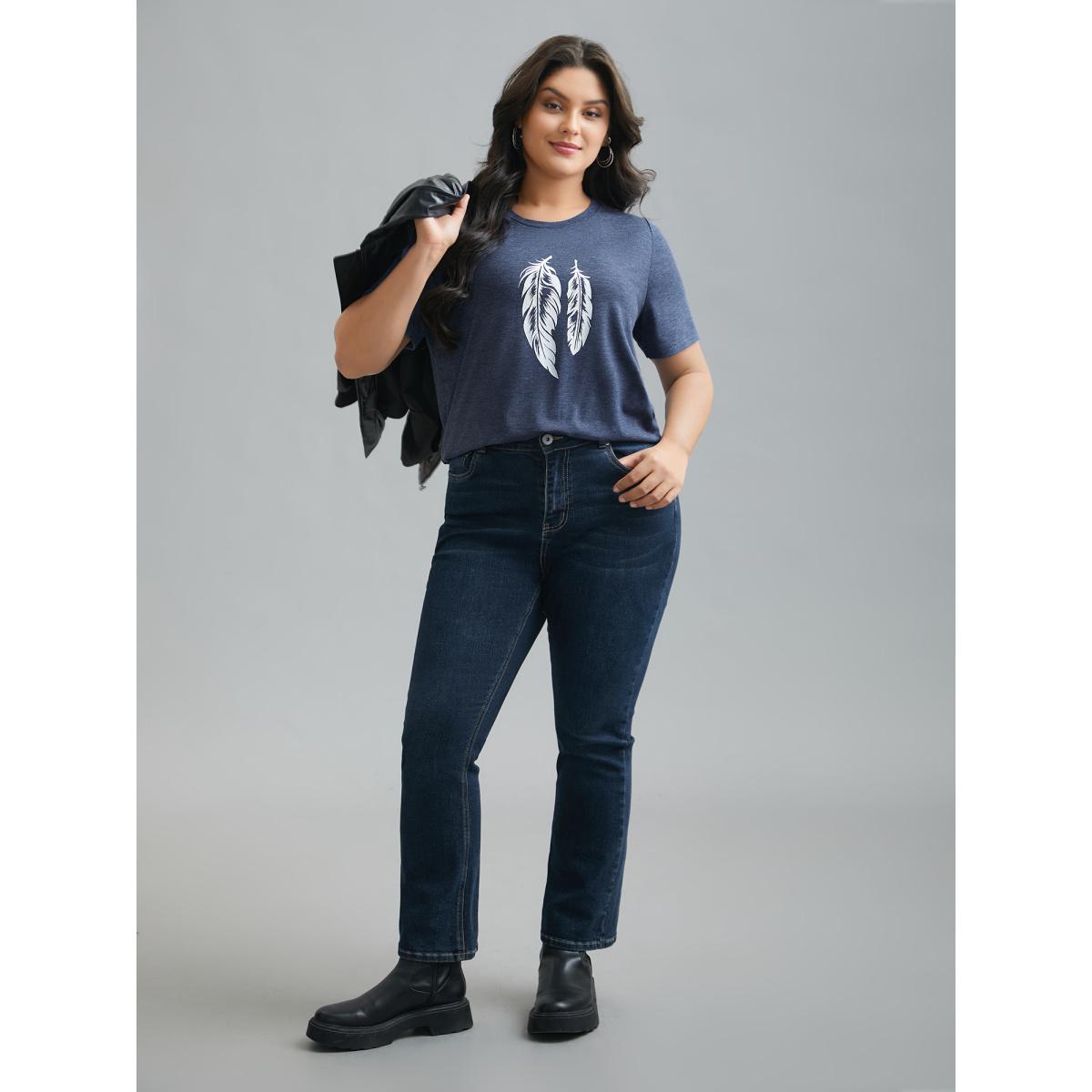 Plus Size Round Neck Feather Pattern T-Shirt Indigo Women Casual Non Art&design Round Neck Everyday T-shirts BloomChic 30/6X Product Image