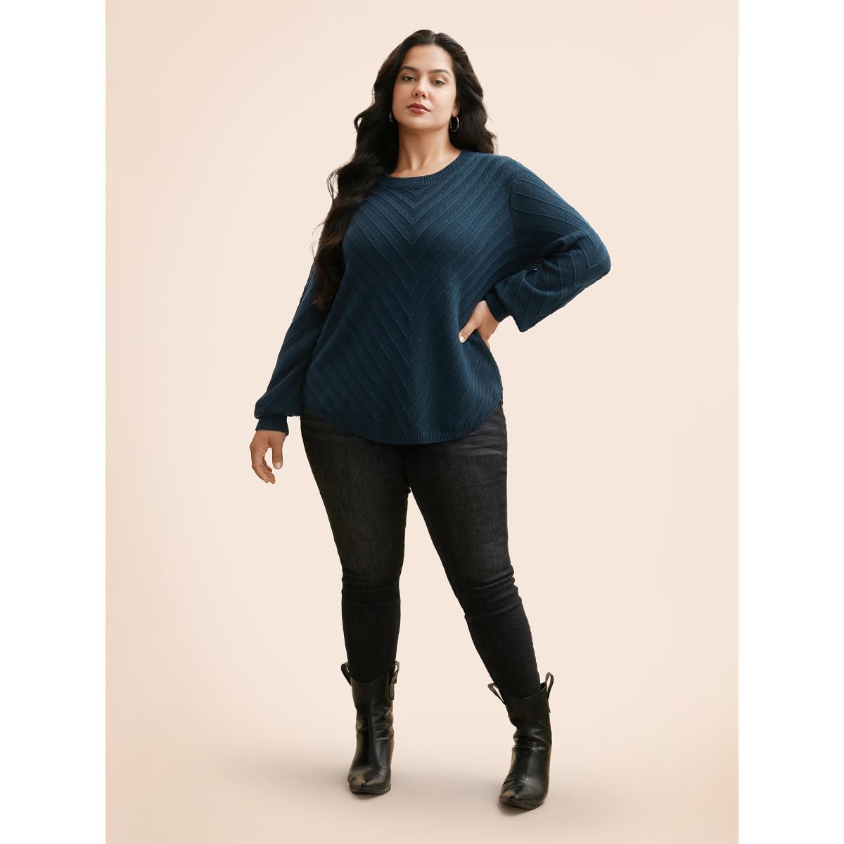 Plus Size Plain Textured Crew Neck Pullover DarkGreen Women Casual Loose Long Sleeve Boat Neck Everyday Pullovers BloomChic 28/5X Product Image