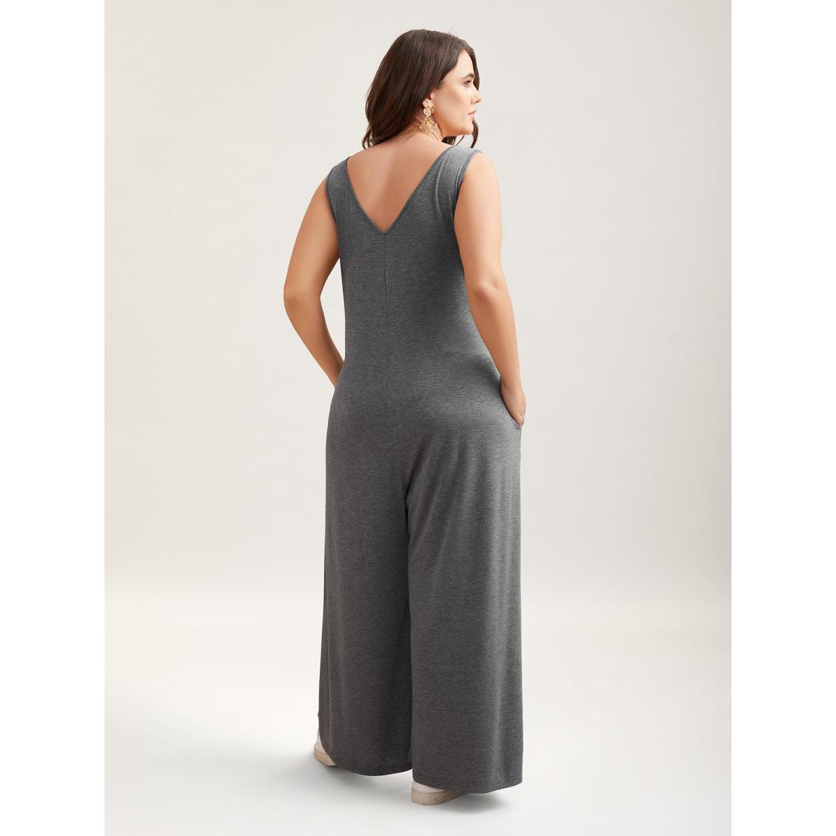 Plus Size DimGray Button-Front Lightweight Wide-Leg Jumpsuit Women Casual Sleeveless V-neck Casual Loose Jumpsuits BloomChic 26/4X Product Image