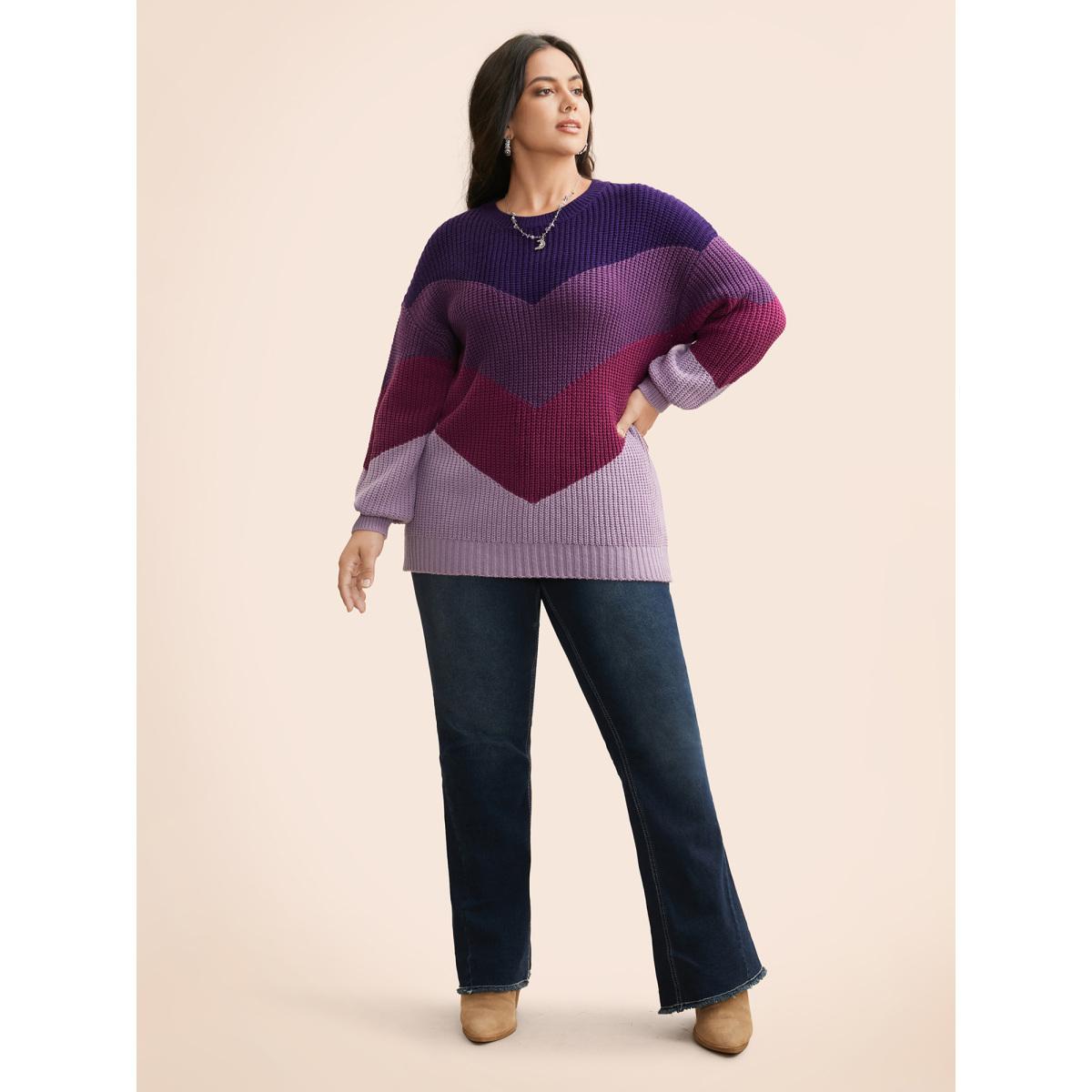Plus Size Colorblock Contrast Drop Shoulder Sleeve Pullover Deeppurplered Women Casual Long Sleeve Round Neck Everyday Pullovers BloomChic 18-20/2X Product Image