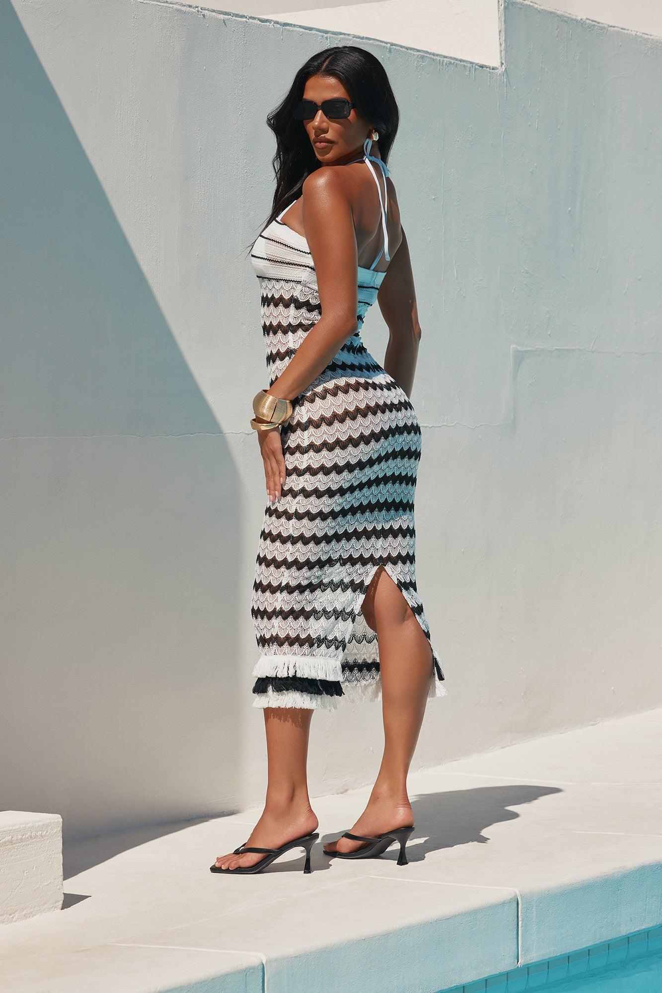 Mornings In Tulum Crochet Strapless Fringe Cover Up Maxi Dress - White/Black Product Image