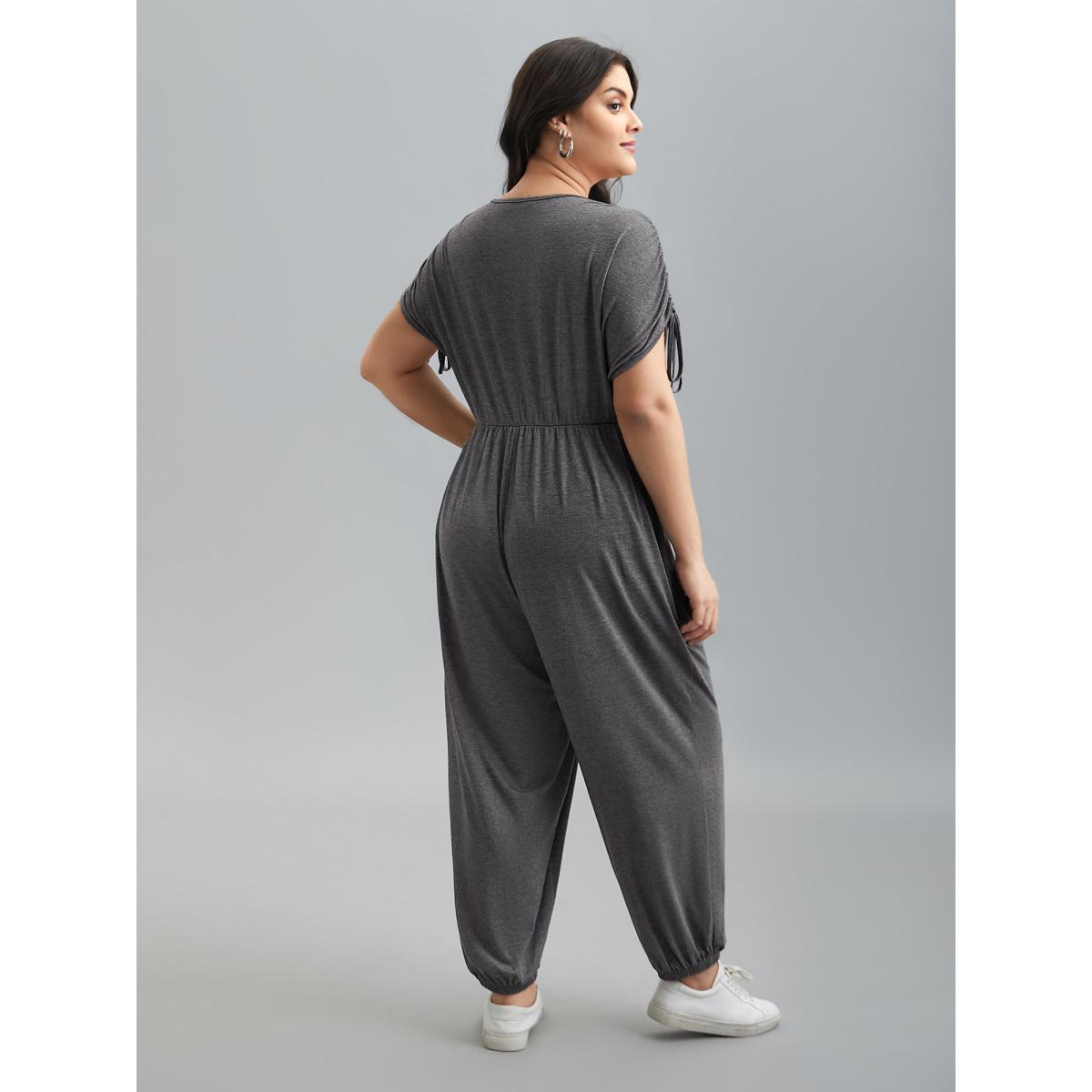 Plus Size DimGray Surplice Neck Drawstring Stretch Jumpsuit Women Casual Short sleeve Overlap Collar Everyday Loose Jumpsuits BloomChic 14-16/1X Product Image