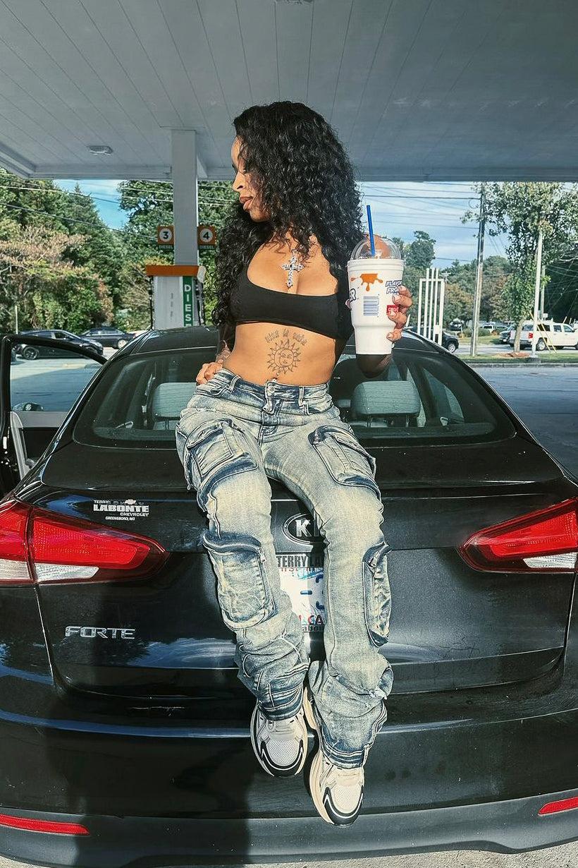 Alisson Dark Wash Tinted Cargo Super Stacked Jean Female Product Image