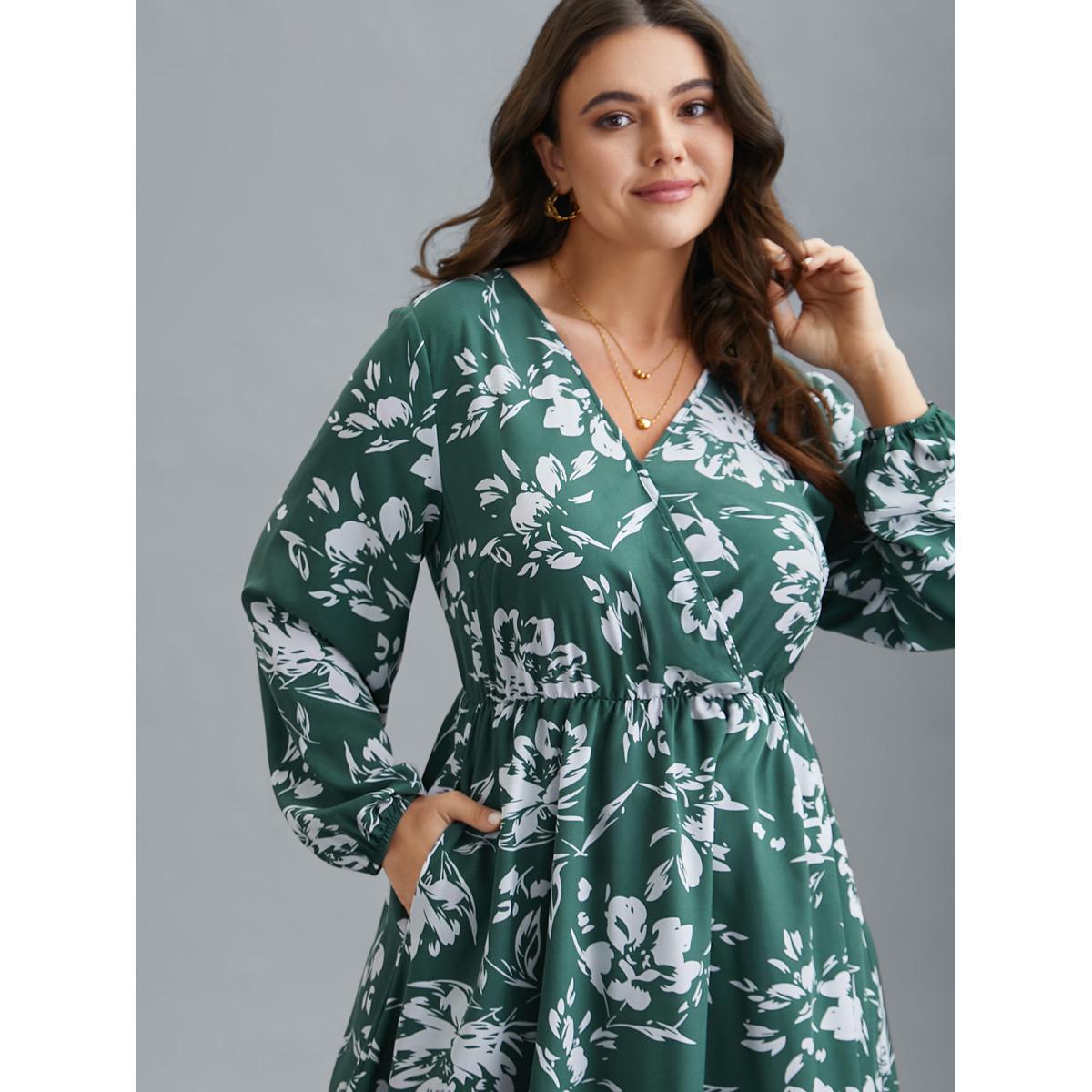 Plus Size Silhouette Floral Print Waist Cinched Midi Dress Emerald Women Elegant Non Overlap Collar Long Sleeve Curvy BloomChic 14-16/1X Product Image