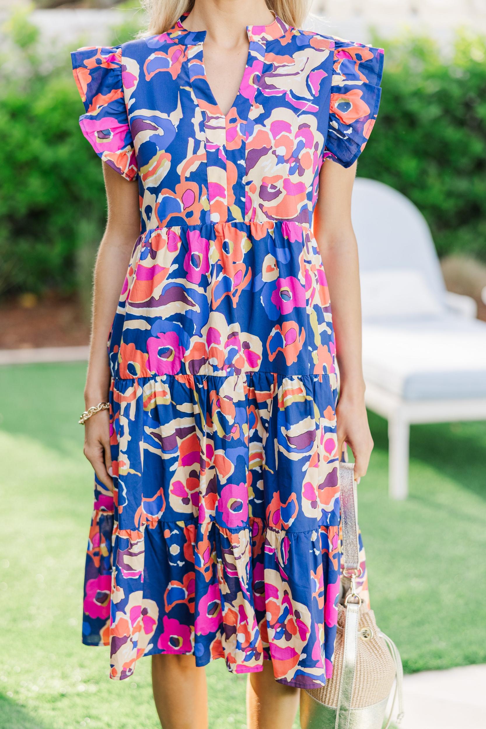 Make It Your Own Navy Blue Floral Tiered Dress Female Product Image