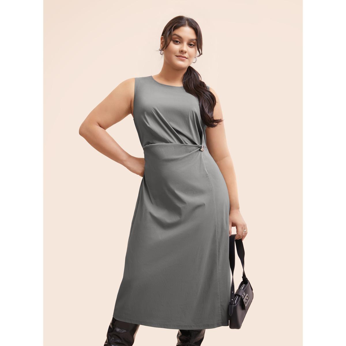Plus Size Stretch Woven Crushed Pleated Midi Dress DimGray Women Workwear Essentials Twist Round Neck Sleeveless Curvy BloomChic 10/M Product Image