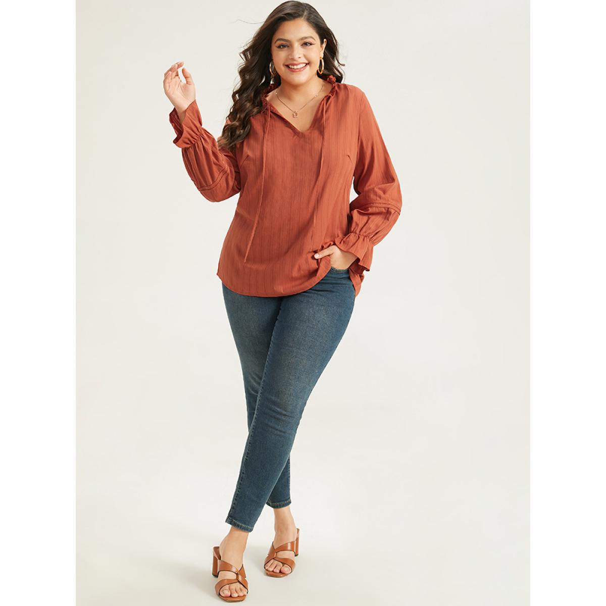 Plus Size OrangeRed Plain Tie Neck Textured Ruffle Trim Blouse Women Elegant Long Sleeve Tie Neck Dailywear Blouses BloomChic 14-16/1X Product Image
