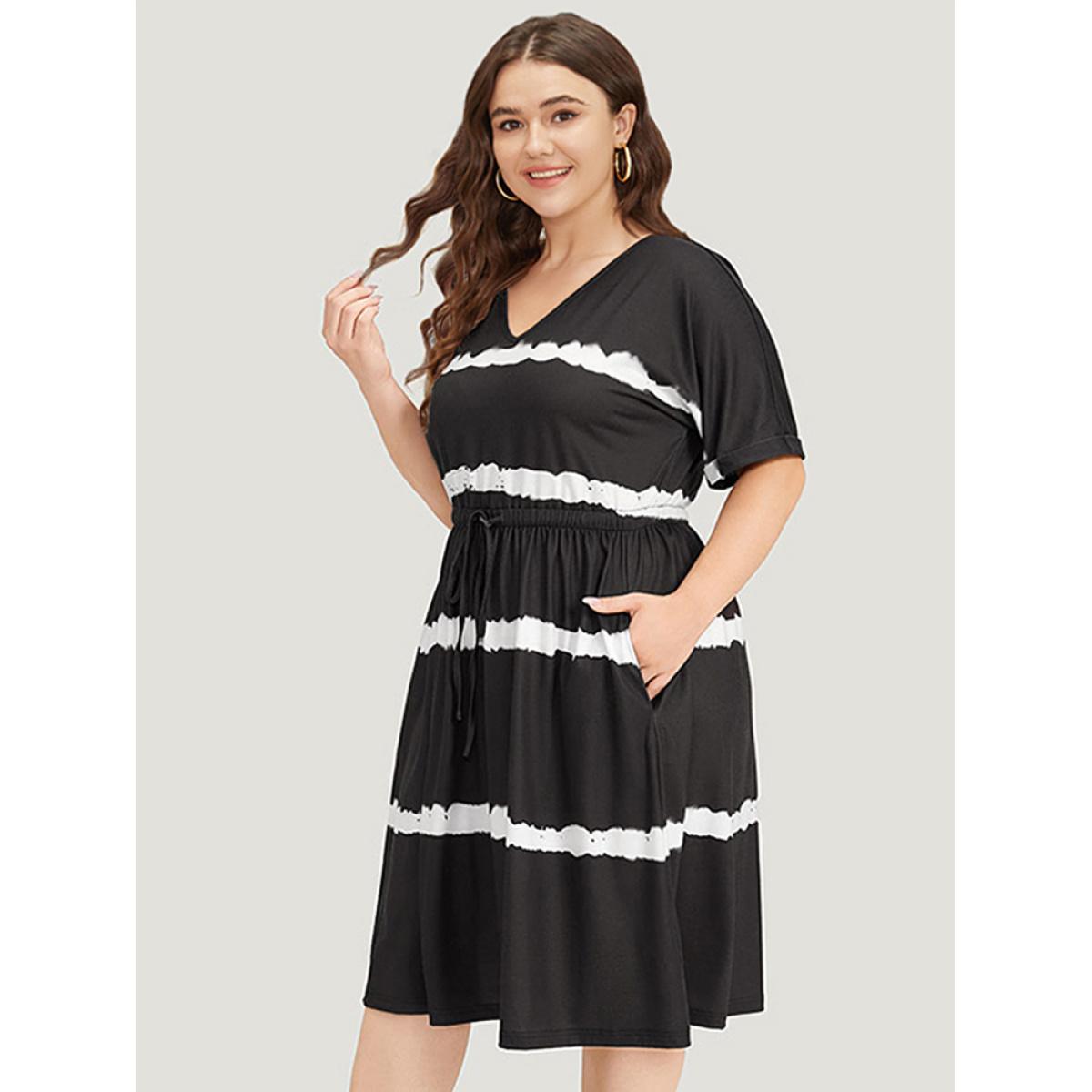 Plus Size Striped Tie Dye Pocket Drawstring Gathered Dress Black Women Casual Gathered V-neck Short sleeve Curvy Midi Dress BloomChic 10/M Product Image