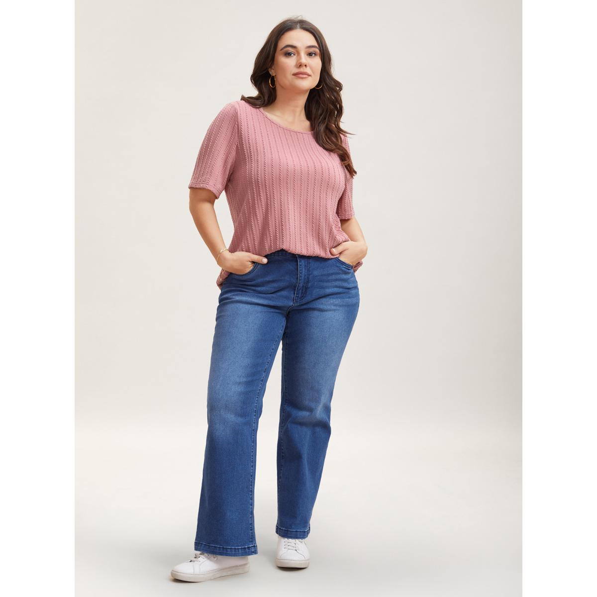 Plus Size Cable Knit Textured Round Neck T-Shirt Beanpastepowder Women Leisure Texture Round Neck Casual T-shirts BloomChic 26/4X Product Image