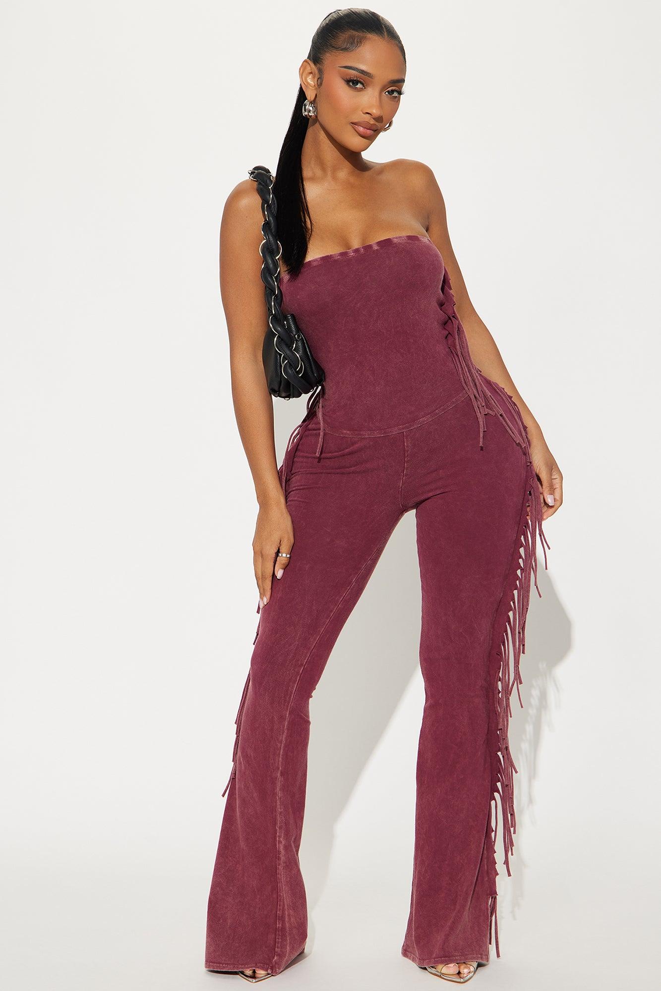 Festival Fringe Washed Pant Set - Burgundy Product Image