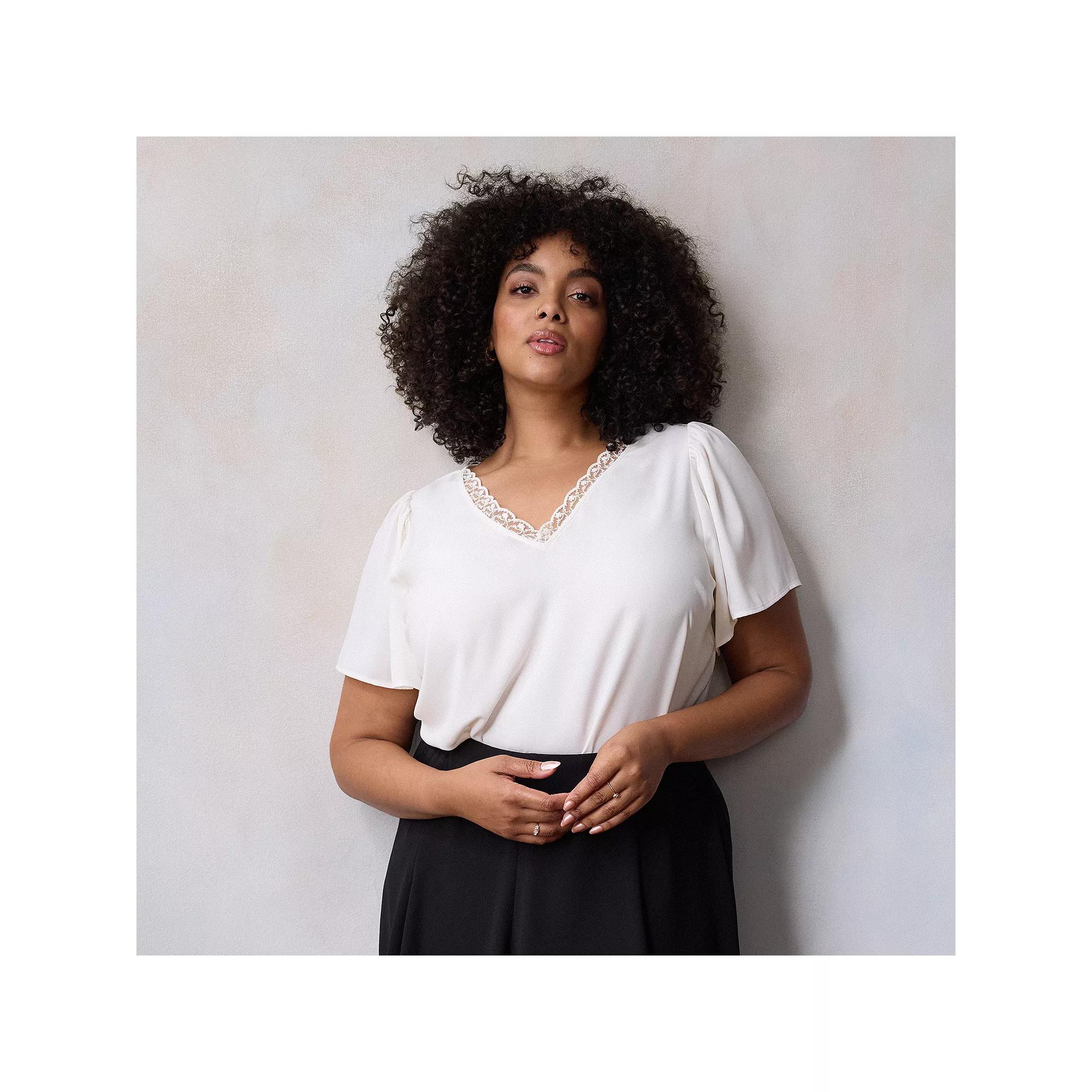 Plus Size LC Lauren Conrad Flutter Sleeve Lace V-Neck Top, Womens Product Image