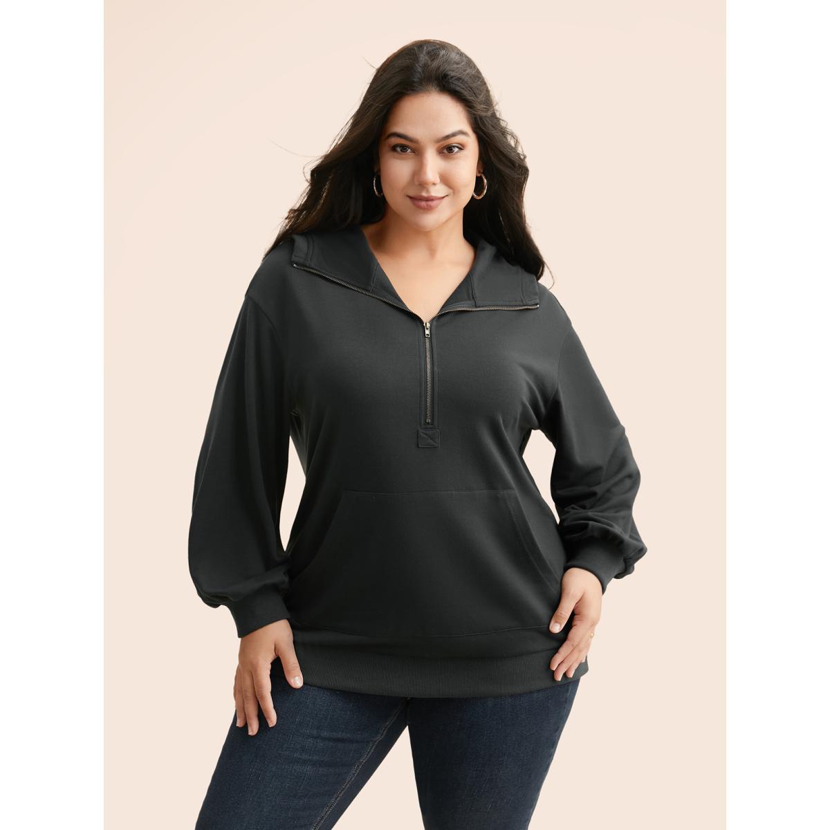 Plus Size Half Zip Hooded Pocket Sweatshirt Women DimGray Casual Patchwork Hooded Everyday Sweatshirts BloomChic 18-20/2X Product Image