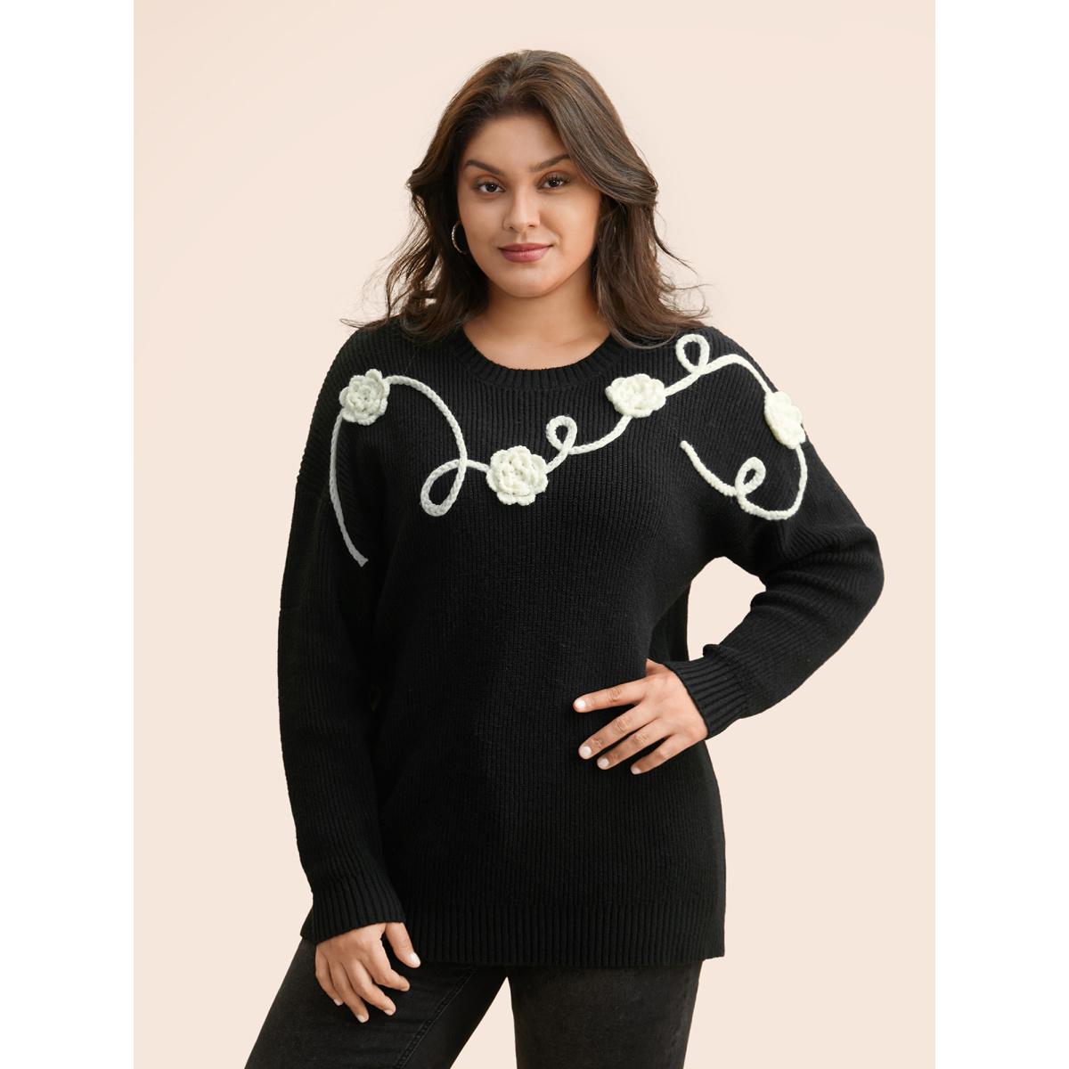 Plus Size Supersoft Essentials Crochet Floral Drop Shoulder Pullover Black Women Casual Loose Long Sleeve Round Neck Everyday Pullovers BloomChic 10/M Product Image