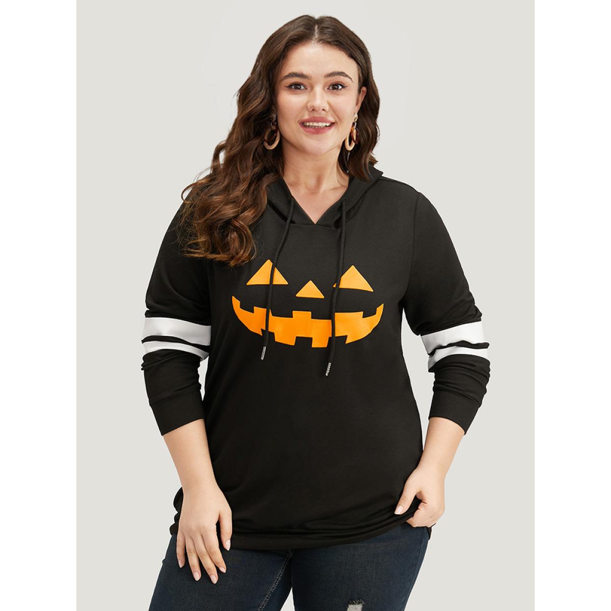 Plus Size Halloween Print Striped Patchwork Hooded Drawstring Sweatshirt Women Black Casual Elastic cuffs Festival-Halloween Sweatshirts BloomChic 10/M Product Image