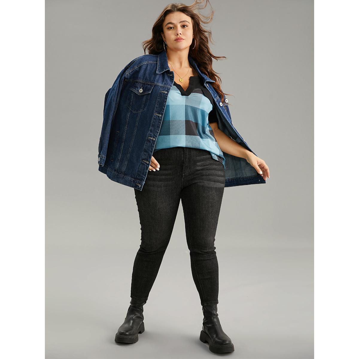 Plus Size Plaid Patchwork Contrast Notched Arc Hem T-shirt Multicolor Women Casual Contrast Plaid Notched collar Everyday T-shirts BloomChic 26/4X Product Image