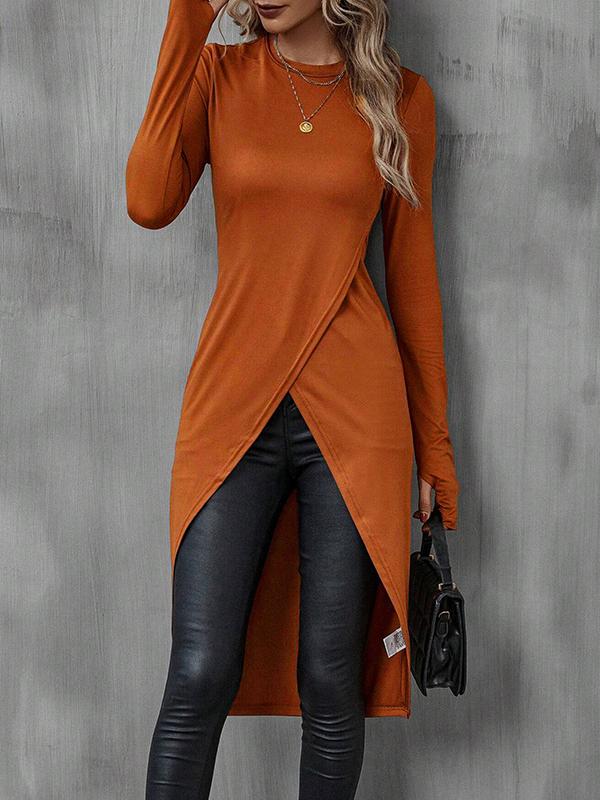 High-Low Long Sleeves Solid Color Split-Joint Round-Neck T-Shirts Tops Product Image