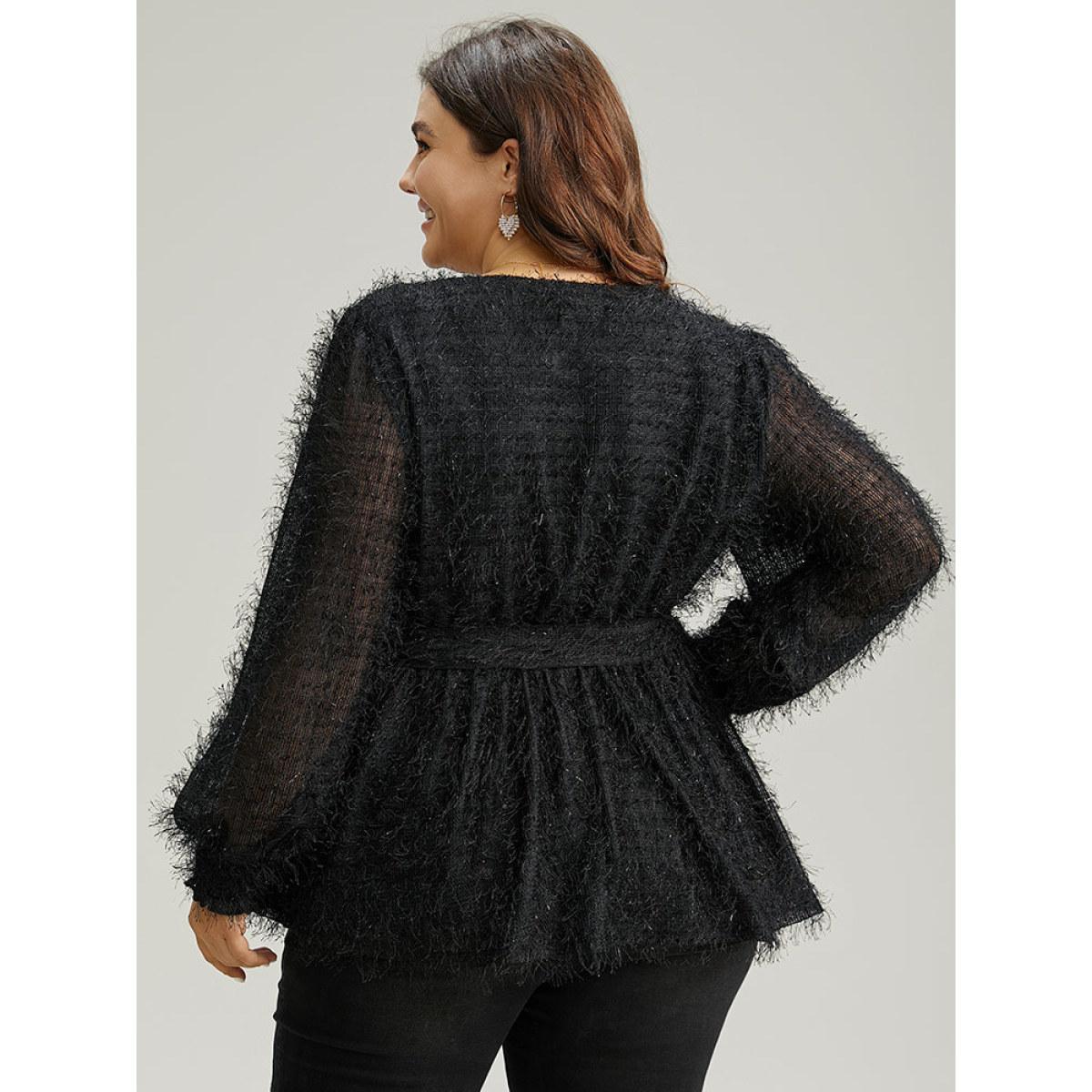 Plus Size Black Solid Tassel Mesh Patchwork Belted Wrap Blouse Women Glamour Long Sleeve Overlap Collar Festival-Christmas Blouses BloomChic 18-20/2X Product Image