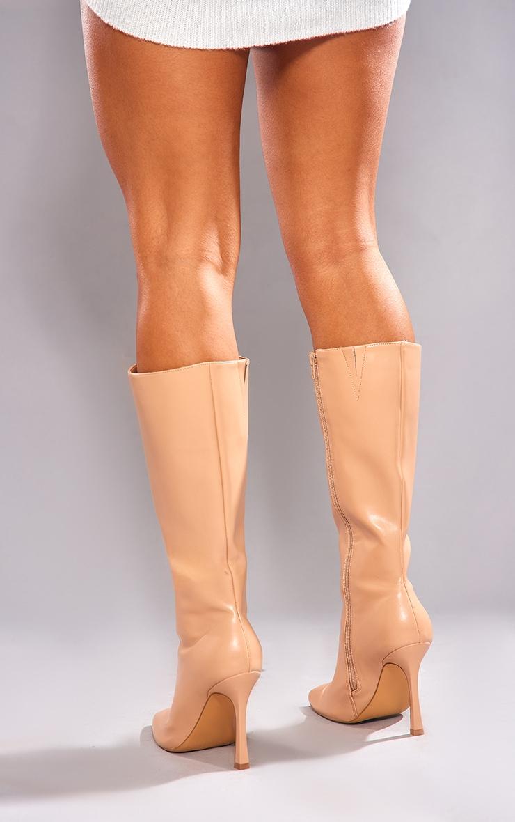 Nude Wide Fit Faux Leather Square Toe Heeled Knee High Boots Product Image