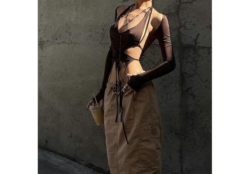 Set: Halter Open-Back Crop Top + Long-Sleeve Bolero Top Product Image