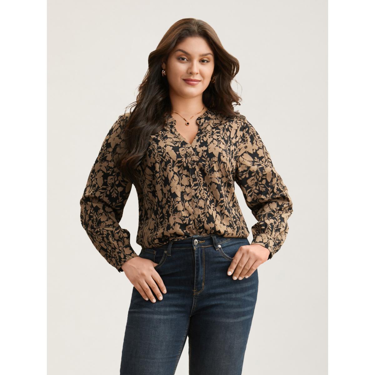 Plus Size BlackFlower Silhouette Floral Print Notched Frill Trim Blouse Women Elegant Long Sleeve Notched collar Everyday Blouses BloomChic 14-16/1X Product Image