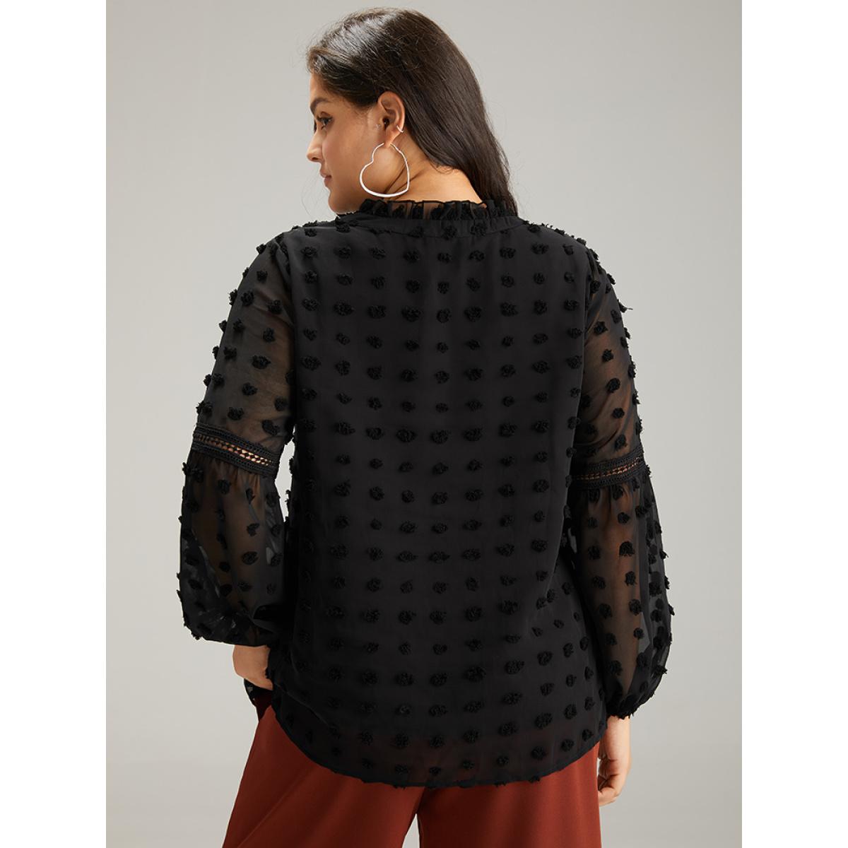 Plus Size Black Polka Dot Frill Trim Mesh Blouse Women Elegant Long Sleeve Notched collar Dailywear Blouses BloomChic 14-16/1X Product Image