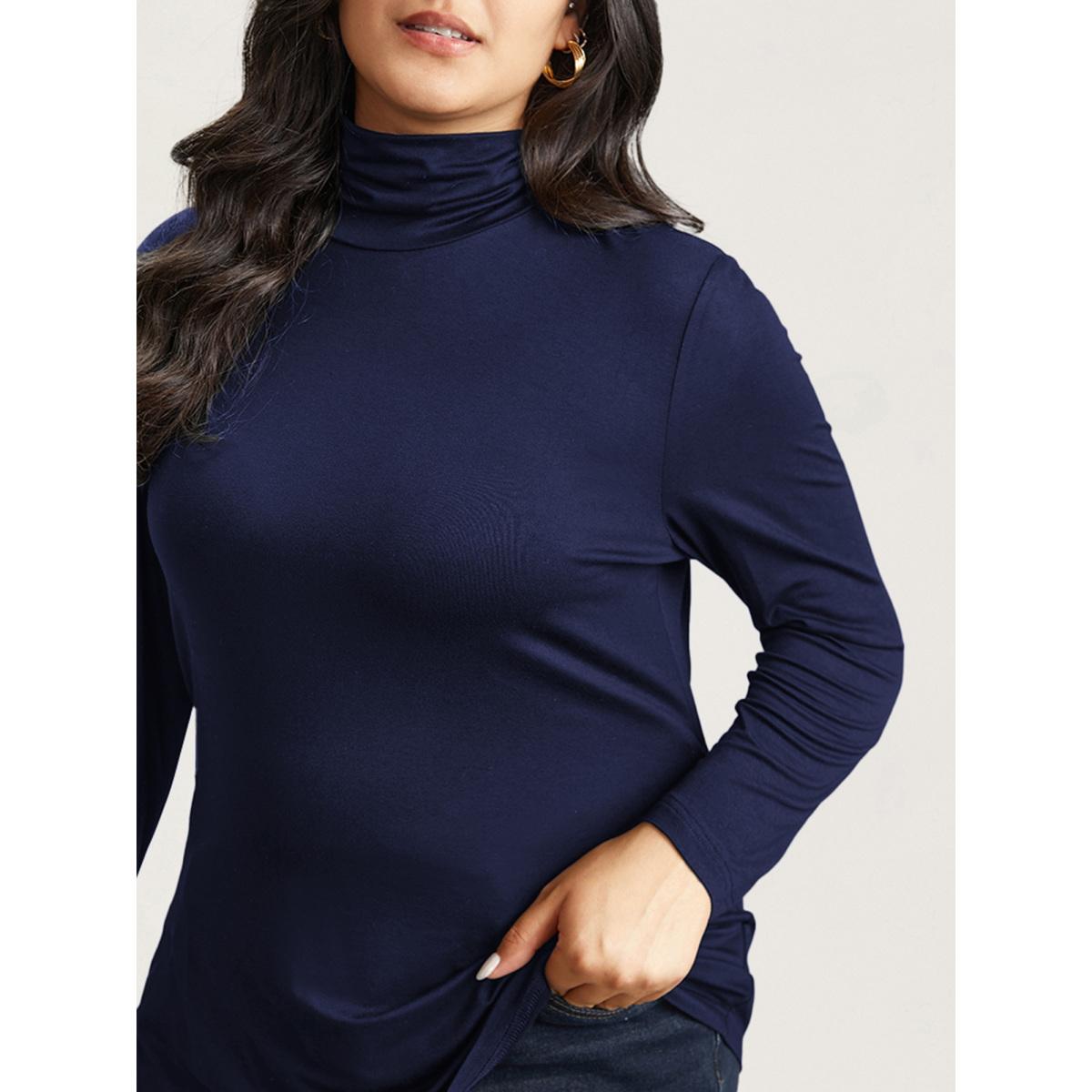 Plus Size Supersoft Essentials Solid Funnel Neck Knit T-shirt Black Women Leisure Plain Plain Ruffled collar Bodycon Casual T-shirts BloomChic 22-24/3X Product Image